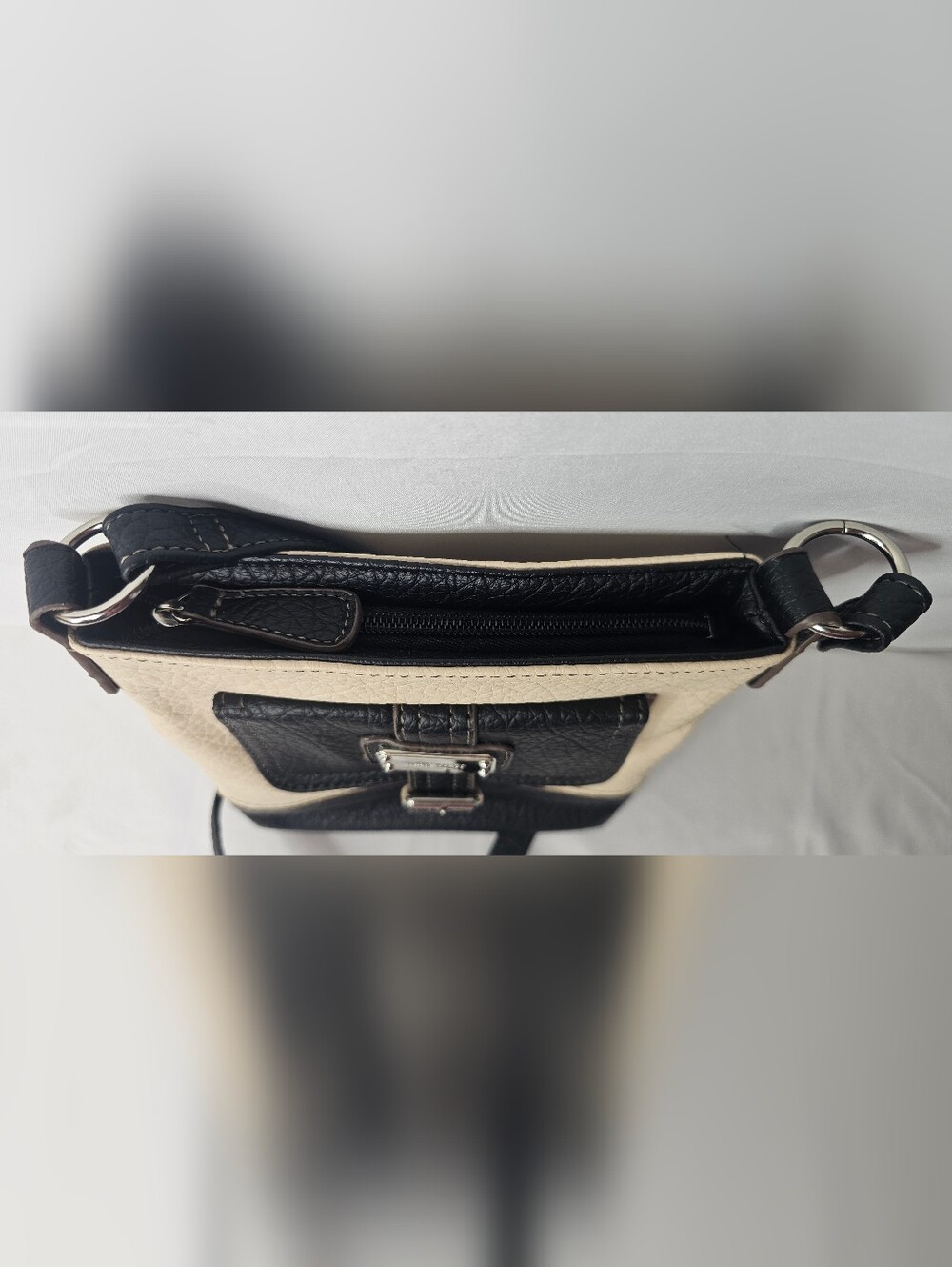 Nine West Pebbled Crossbody Bag Black Cream Two Tone Messenger Purse Buckle - Picture 10 of 16